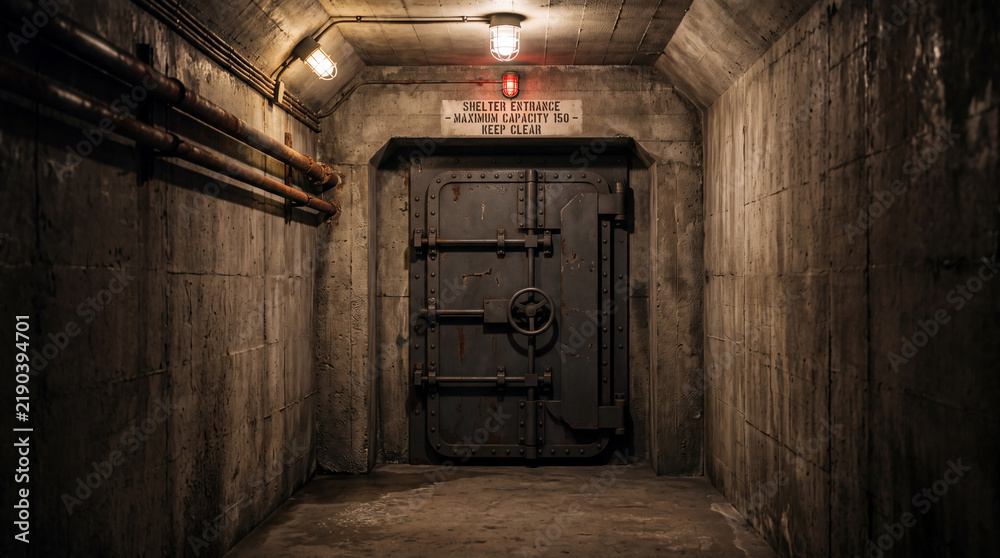 Fototapeta premium Underground concrete air raid shelter entrance with heavy metal door and dim lighting creating tense atmosphere