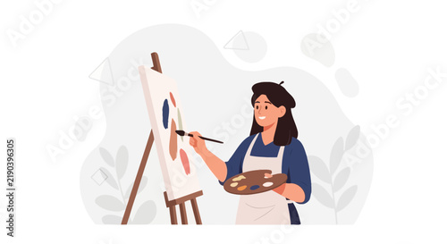 Female artist painting on canvas on an easel, holding a palette and brush, flat illustration, concept of creativity and art.