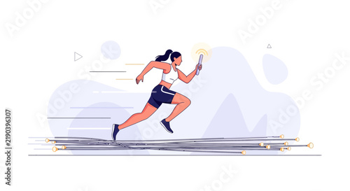 Female Athlete Running Sprint Race with Baton and Speed Lines, Sports Vector Illustration