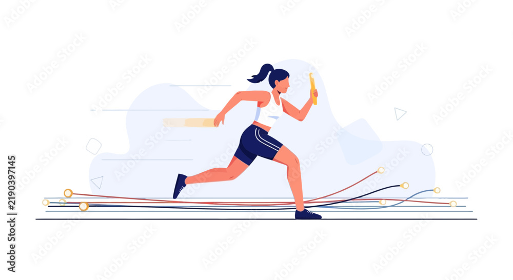 Fototapeta premium Woman athlete running a relay race with a baton, dynamic vector illustration symbolizing speed and competition