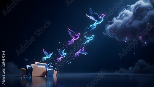 Radiant digital birds emerging from office file folders to soar toward a glowing futuristic cloud in this stunning conceptual illustration