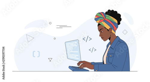 Black woman developer coding on laptop, diverse tech professional, modern vector illustration