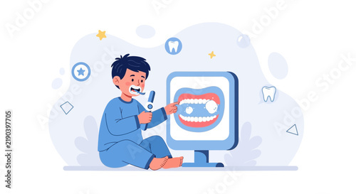 Boy Brushing Teeth Learning Dental Hygiene on Computer Screen