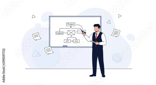 Business Analyst Presenting Project Flowchart on Whiteboard
