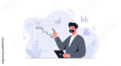 Business analyst in mask presenting Gantt chart and statistics, project management, planning, strategy, analytics, remote work concept.