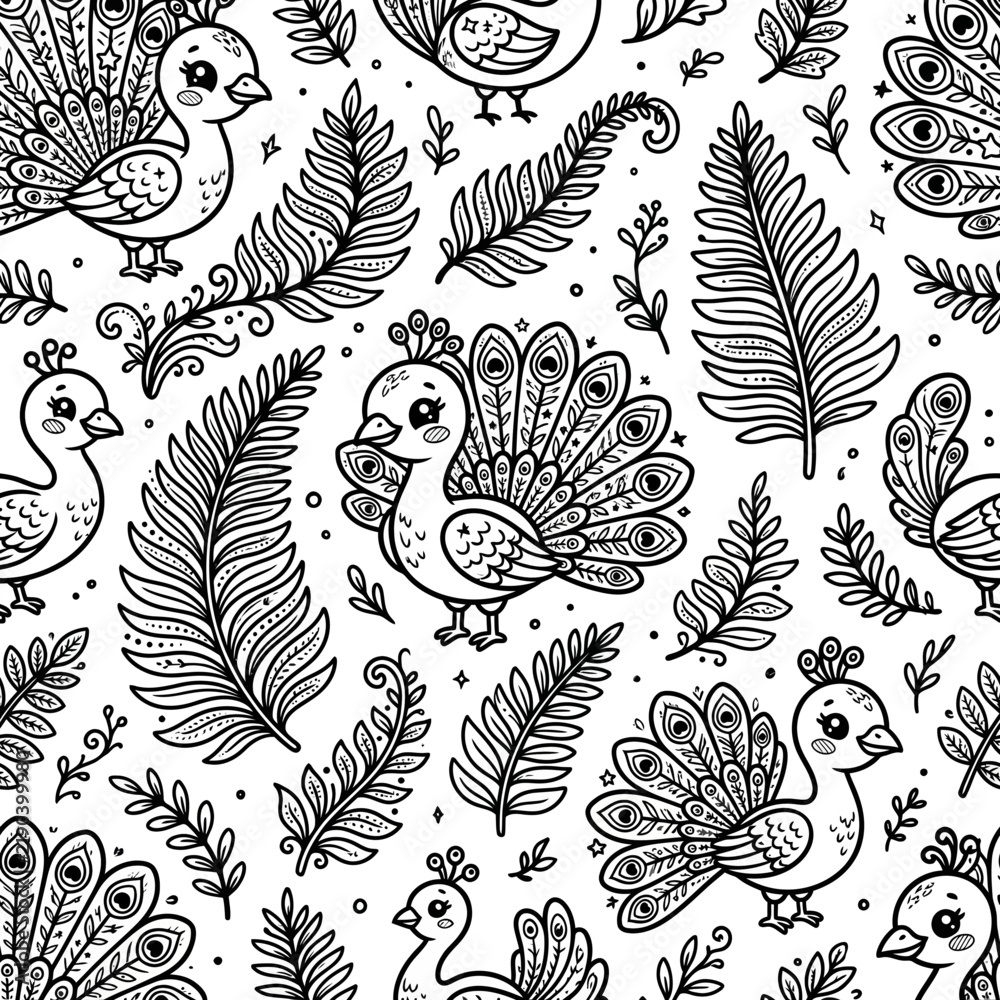 Fototapeta premium Cute Peacock Feather Pattern, Kawaii Bird Illustration, Seamless Textile Design