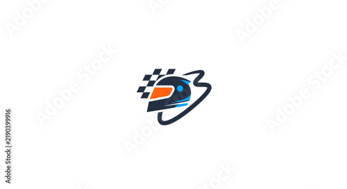 A stylized graphic icon featuring a racing helmet and a checkered flag design