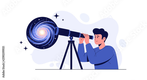 Man observing galaxy through telescope, exploring universe and cosmos, flat vector illustration