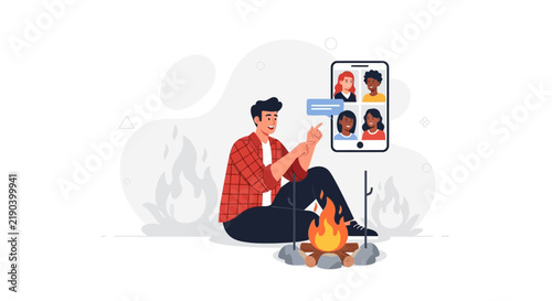 Man on Video Call Around Campfire, Connecting with Friends Remotely in Modern Flat Design Style