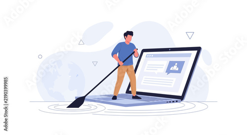 Man Paddling Laptop on Water, Representing Digital Navigation and Online Challenges
