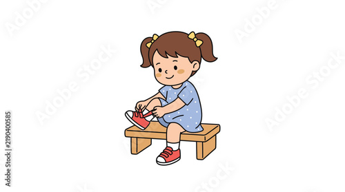 Girl Putting On Shoes On Wooden Bench Vector Illustration