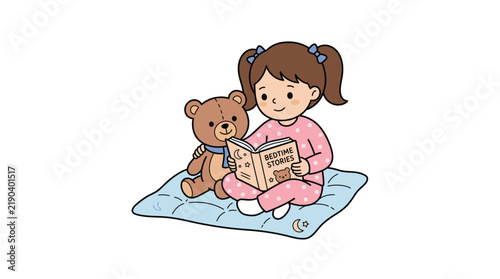 Girl Reading To Teddy Bear On Blue Blanket Vector Illustration