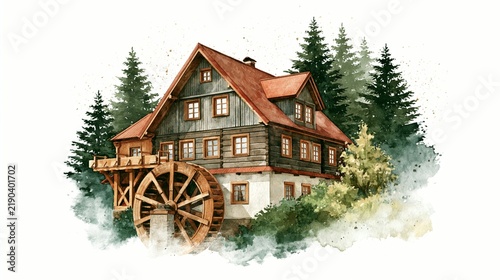 a rustic wooden house with a redtiled roof nestled in a dense forest. The house has multiple windows, and a large wooden water wheel is situated in front of it. The watercolor style features soft.