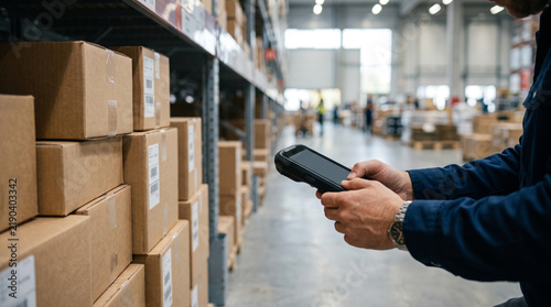Warehouse worker using handheld scanner for inventory