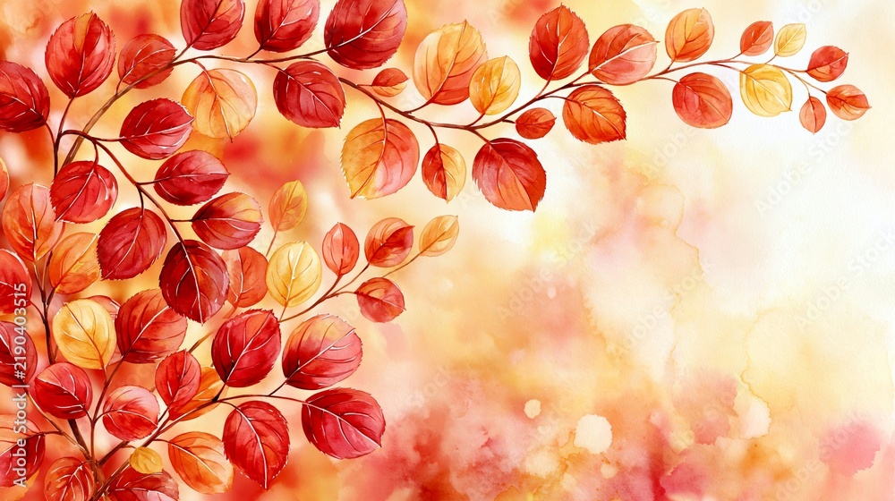 Fototapeta premium a branch of leaves in various shades of red, orange, and yellow. The leaves are intricately detailed, with each leaf having a unique shape and texture.