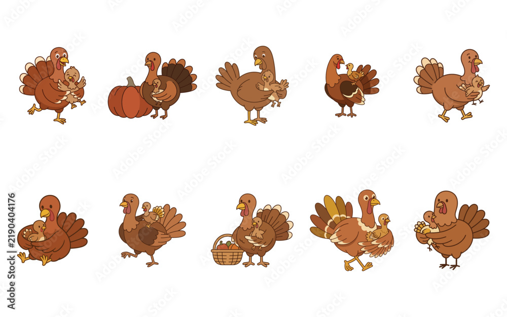 Obraz premium Set of cute cartoon turkey characters for thanksgiving celebration with thanksgiving character