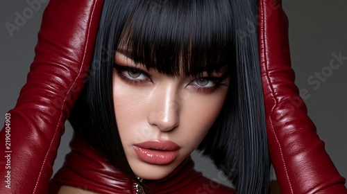 japanese beauty in red latex, luxury fashion portrait of japanese model, glamorous japanese woman in red latex fashion