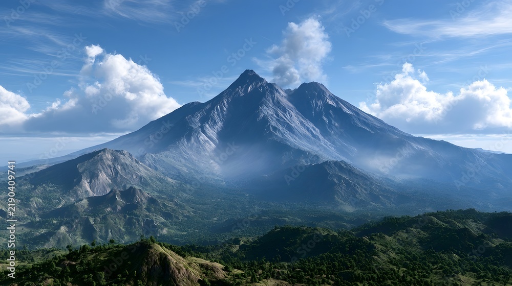 Fototapeta premium A majestic mountain peak rises above a lush green valley under a bright blue sky with scattered white clouds