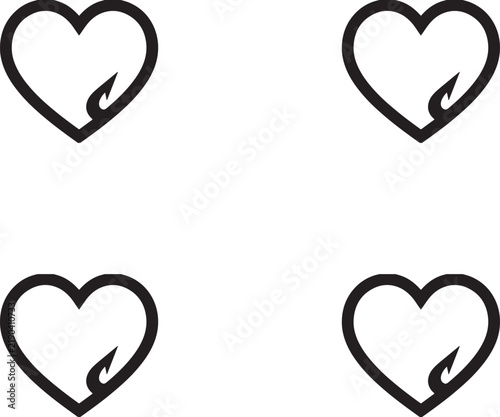 Bild auf Leinwand Set of black and white heart shaped fishing hooks vector icons, romantic fishing