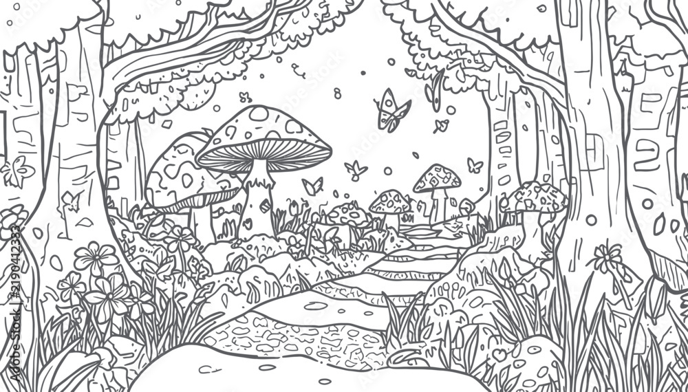 Obraz premium Mushroom Forest Coloring Page Featuring Whimsical Toadstools Butterflies and a Path in Woodland