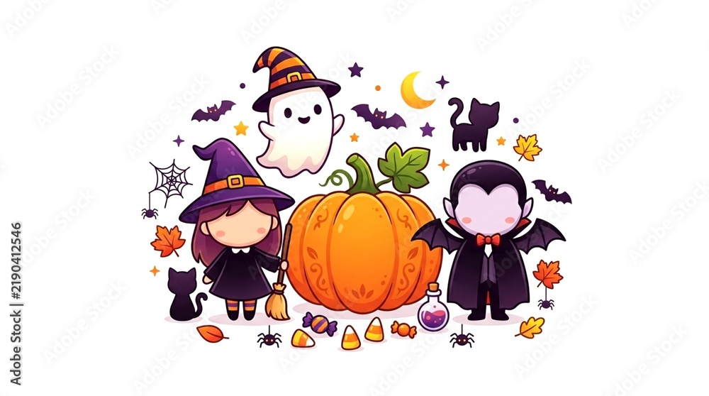 Fototapeta premium Cute Halloween Chibi Characters with Pumpkin and Ghost Vector Illustration- Generative AI