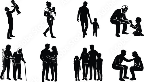 Fotografía Collection of family silhouettes featuring parents, children, couples, and intergenerational care vector illustration