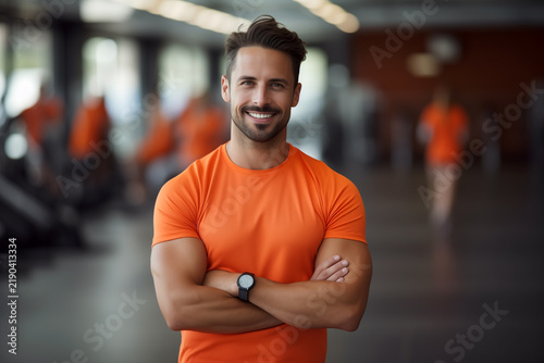 fitness trainer man happy in orange sports t-shirt in gym