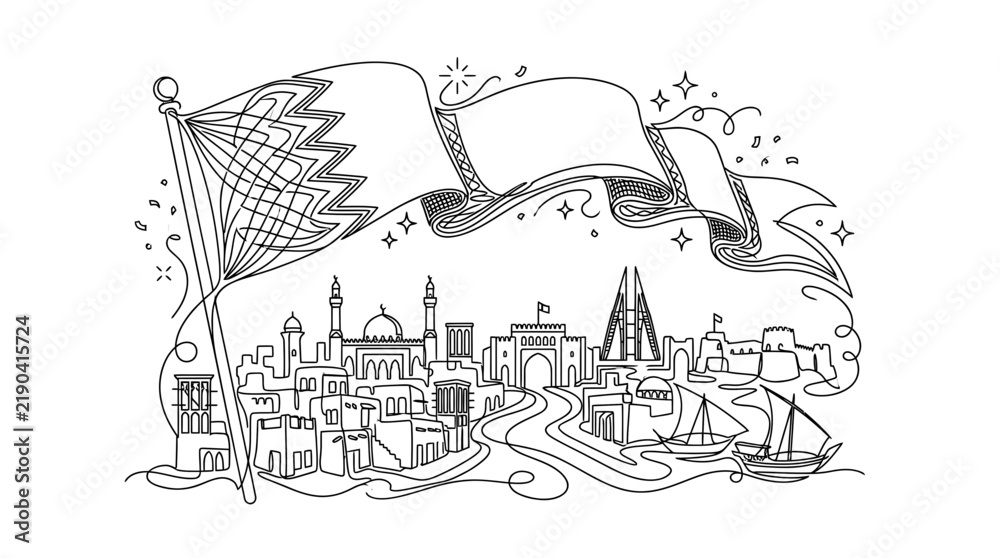 Fototapeta premium Minimalist continuous line drawing of Bahrain flag waving over city skyline landmarks