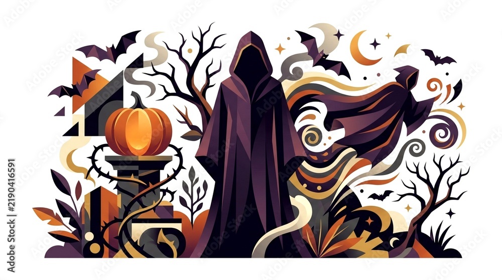 Fototapeta premium Abstract Halloween Vector Illustration with Hooded Figure, Pumpkin, and Bats on White Background- Generative AI