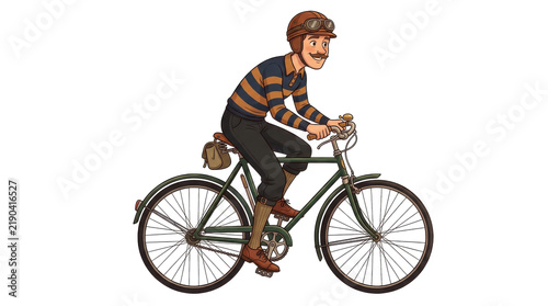 Vintage cyclist wearing leather helmet riding retro bicycle isolated against white background in hand drawn cartoon style illustration