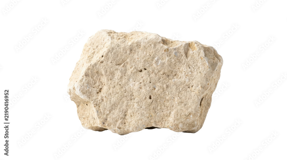 Obraz premium Isolated light beige textured sedimentary rock fragment displaying granular mineral composition captured studio lighting