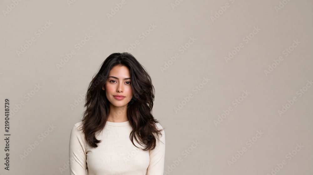 Fototapeta premium young latina woman with confident expression, latina woman portrait with soft wavy hair, elegant latina female studio portrait