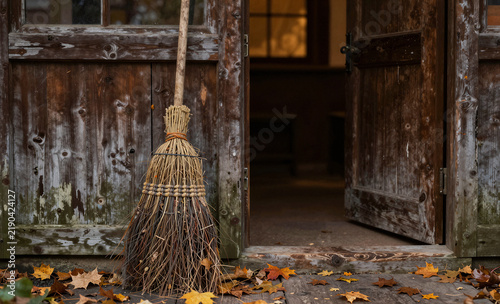 Rustic witch broom standing outside open old wooden door surrounded by autumn leaves