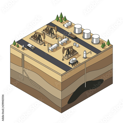 Elegant Isometric of an Oil Extraction Site with Pumps Storage Tanks and Underground Reservoirs