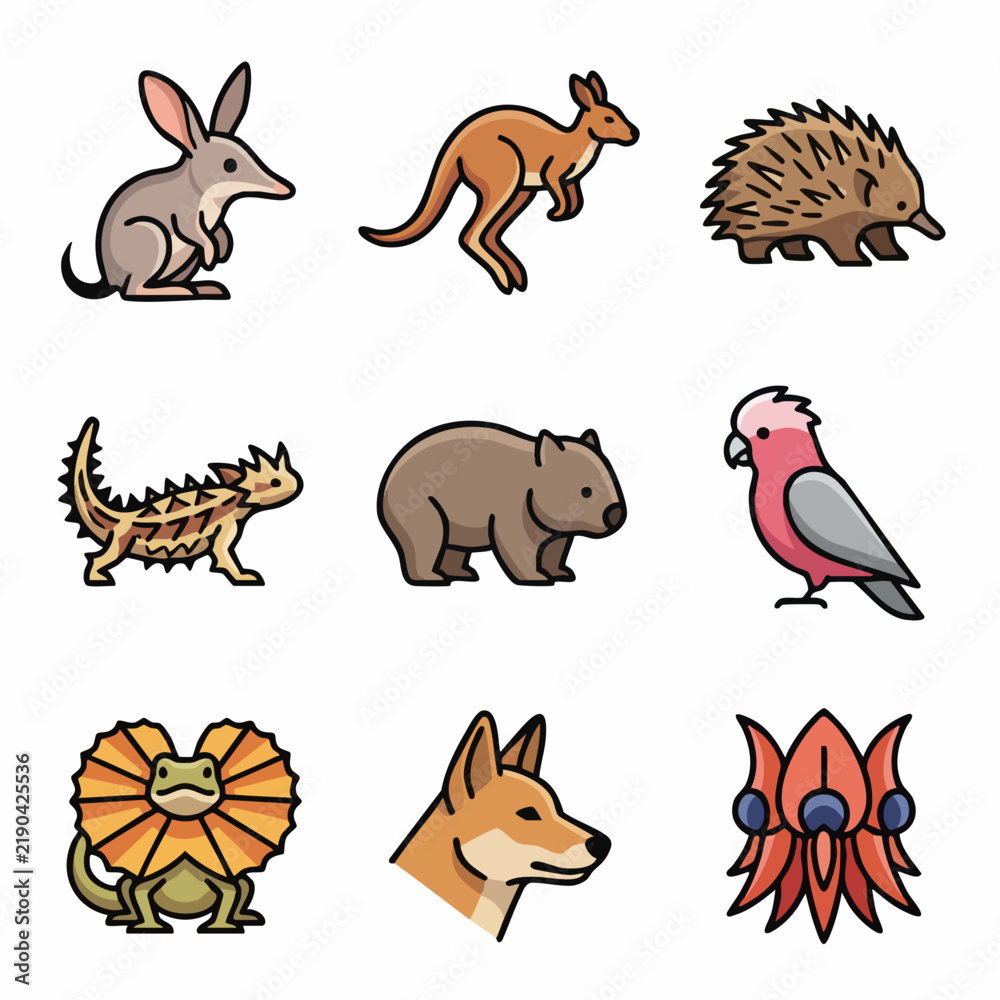 Fototapeta premium Collection of australian wildlife and flora icons