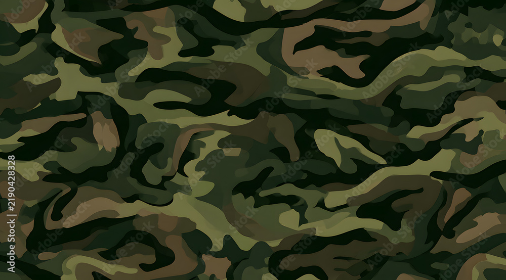 Fototapeta premium Classic woodland camouflage continuous pattern design in olive green, brown, and black shades for military clothing creation