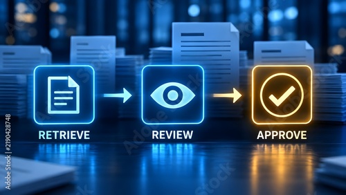 Automated Document Workflow Process Showing Retrieve Review and Approve Stages for Corporate Compliance and Administration