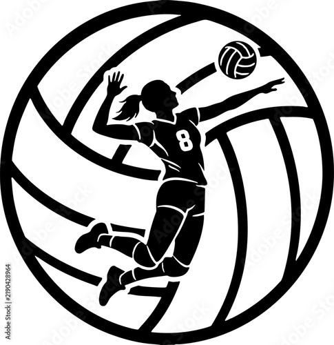 Female volleyball player silhouette jumping to spike ball icon