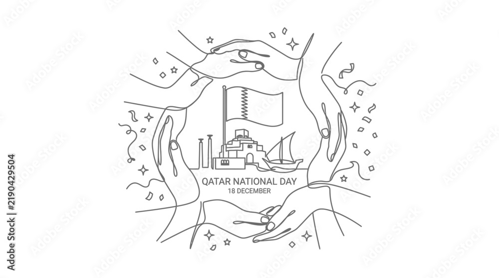 Naklejka premium One Line Drawing of Hands Protecting National Flag and Landmarks for Unity Celebration
