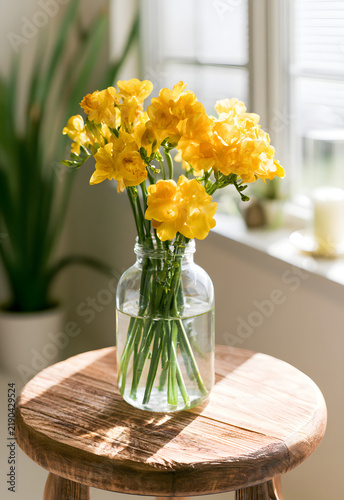Placed on a wooden table alongside natural light, a spring floral arrangement includes yellow freesia flowers in a glass vase