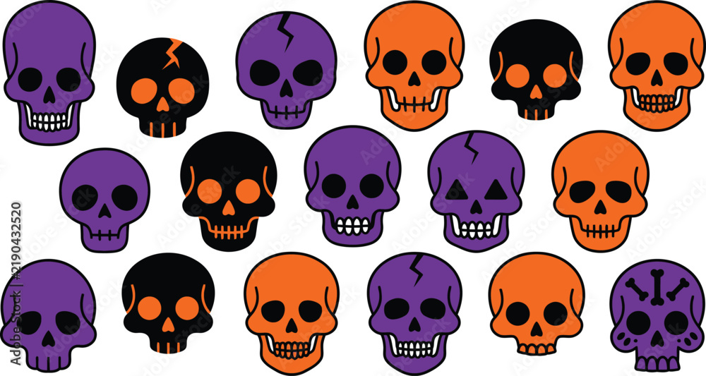 Fototapeta premium Set of colorful cartoon skulls for halloween decorations and spooky party designs