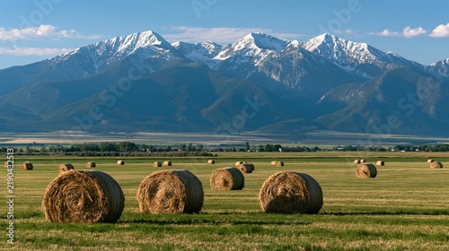 a vast, open field with several round, goldenbrown hay bales scattered across it. The field is a vibrant green, and the bales are illuminated by the sun, casting a warm glow on the scene.