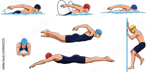 Swimming technique illustration vector set, freestyle, butterfly, breaststroke, backstroke, swimmer training poses, aquatic sport design, fitness concept art