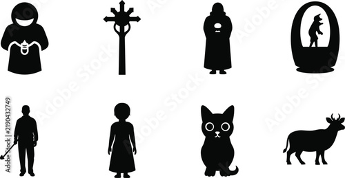 Silhouette character and animal vector set, mysterious figures, cat, cow, monk, child, traveler, fantasy design, symbolic illustration art
