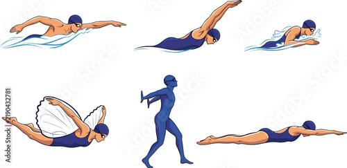 Swimming technique vector illustration set, freestyle, butterfly, breaststroke, diving, swimmer poses, aquatic sport design, fitness training concept art