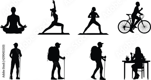 Fitness and wellness silhouette vector set, yoga, cycling, hiking, meditation, healthy lifestyle activities, outdoor exercise, mindfulness, sport illustration design