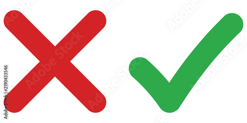 Red cross and green tick check mark symbols isolated on grid background.