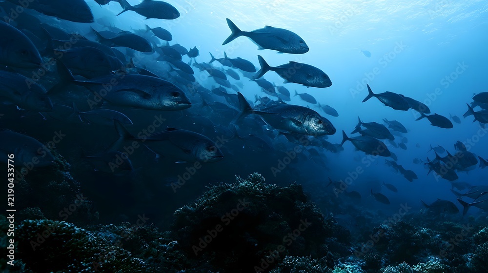 Obraz premium A large school of fish swims gracefully through deep blue ocean waters above coral formations