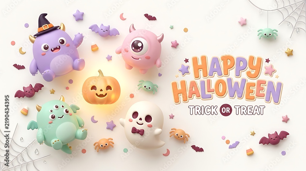 Fototapeta premium Cute cartoon halloween characters with happy halloween text on white background