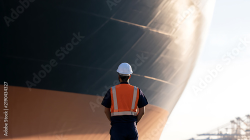 Industrial dock worker in hard hat and safety vest stand near huge cargo ship hull in shipyard harbor during bright day light setting